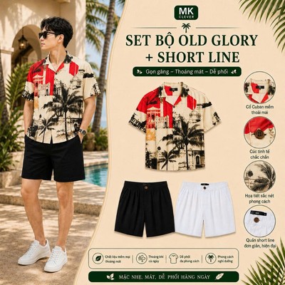 Set Bộ Nam Áo Sơ Mi Cuban Old Glory và Quần Short Đũi Line MK CLEVER Đồ bộ nam FormThoáng Mát, Set Đồ Nam Trẻ Trung