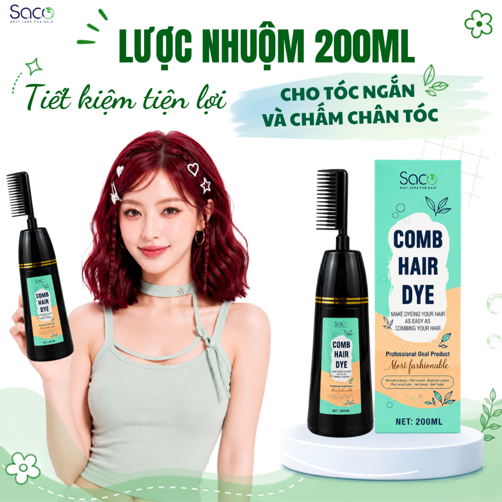 Dầu gội nhuộm tóc SACO (200ml), lược nhuộm tóc 19 màu lên màu tốt không cần tẩy, an toàn cho tóc