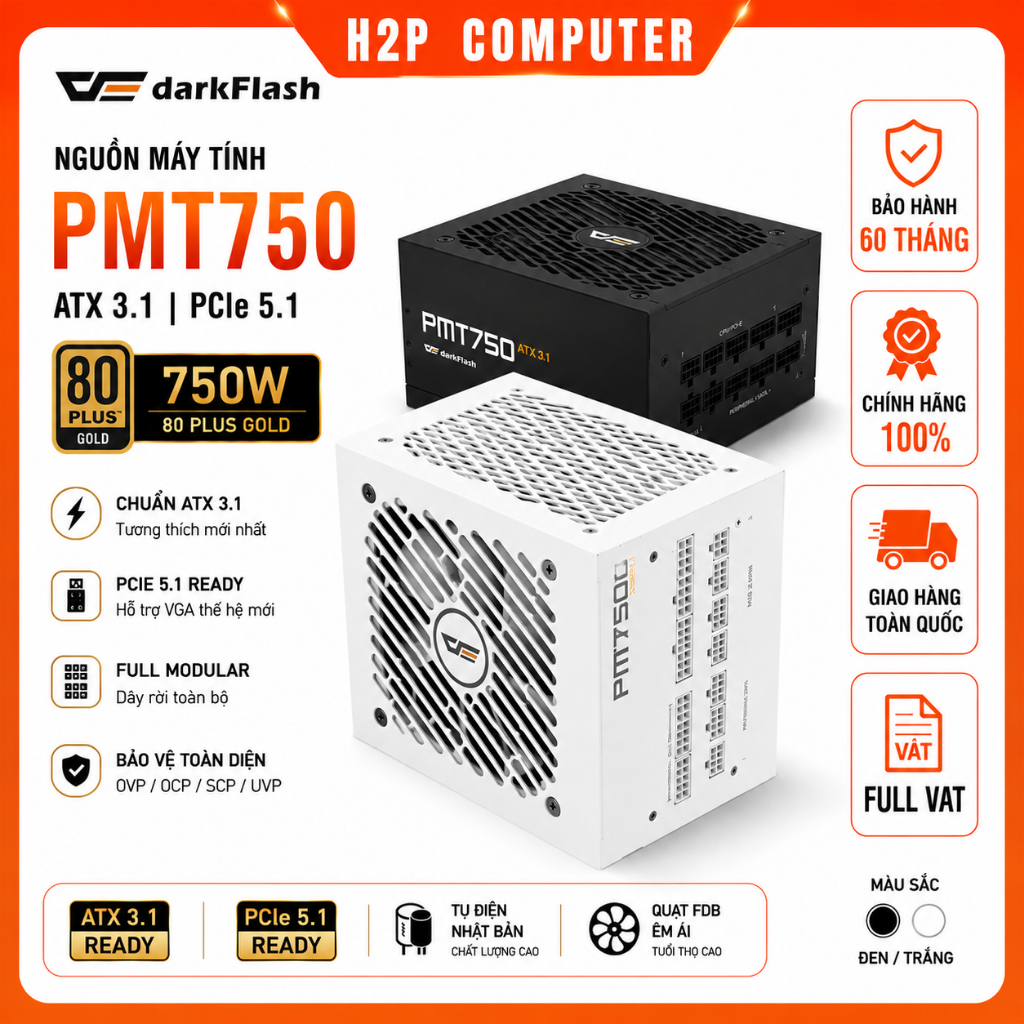 Nguồn máy tính DarkFlash PMT750 750W ATX 3.1 PCIe 5.1 80 Plus Gold Full Modul Đen Trắng