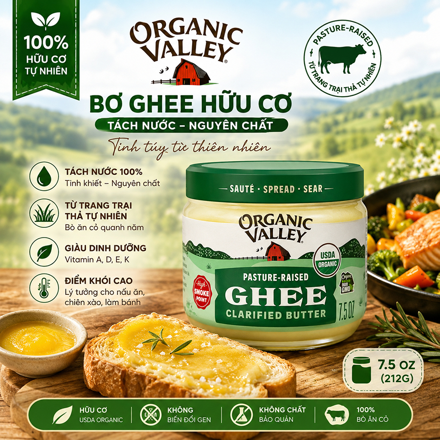 Bơ Ghee Hữu Cơ Organic Valley Pasture-Raised 212g | Ghee Clarified Butter Tách Nước