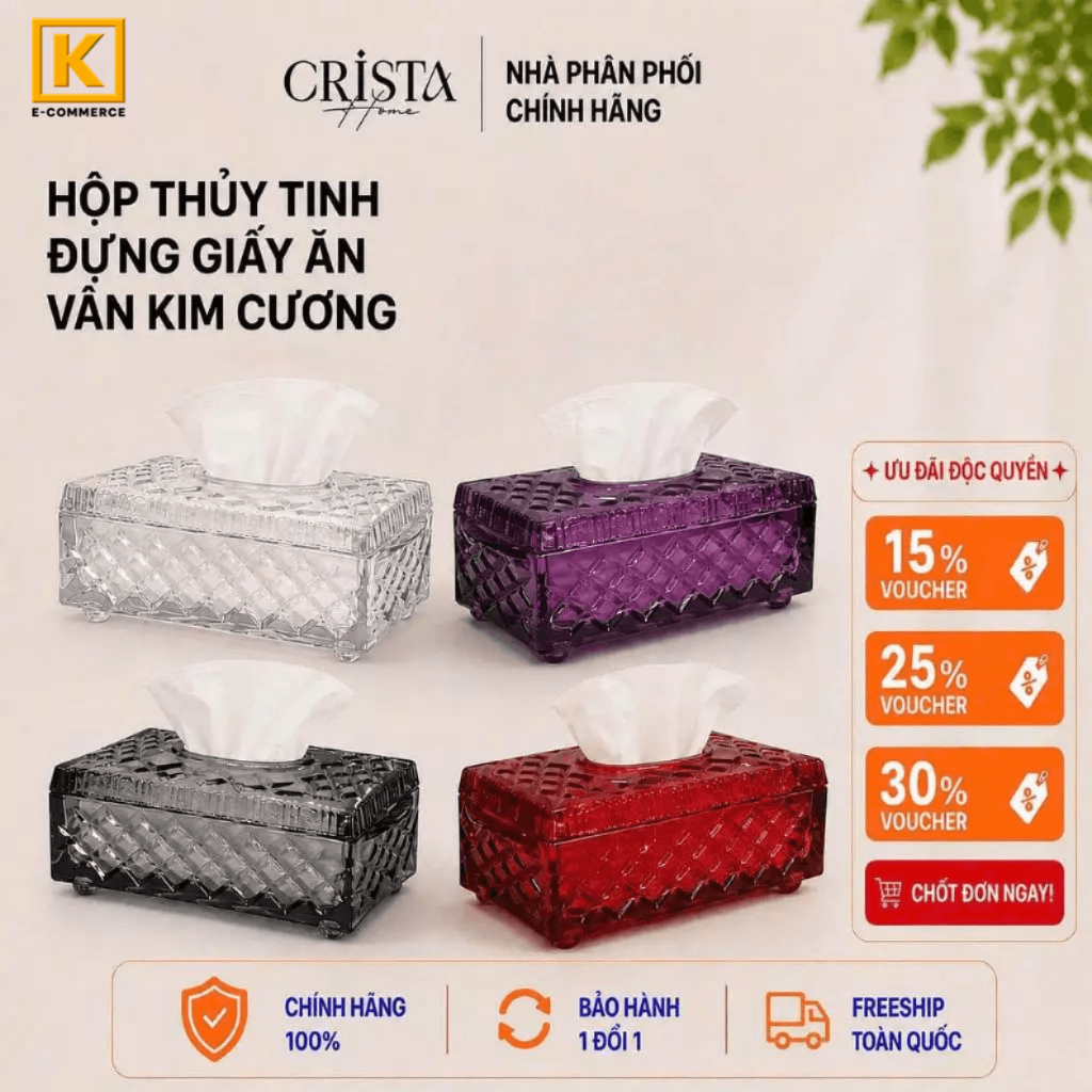 HỘP THỦY TINH ĐỰNG GIẤY ĂN VÂN KIM CƯƠNG CRISTA HOME 60250