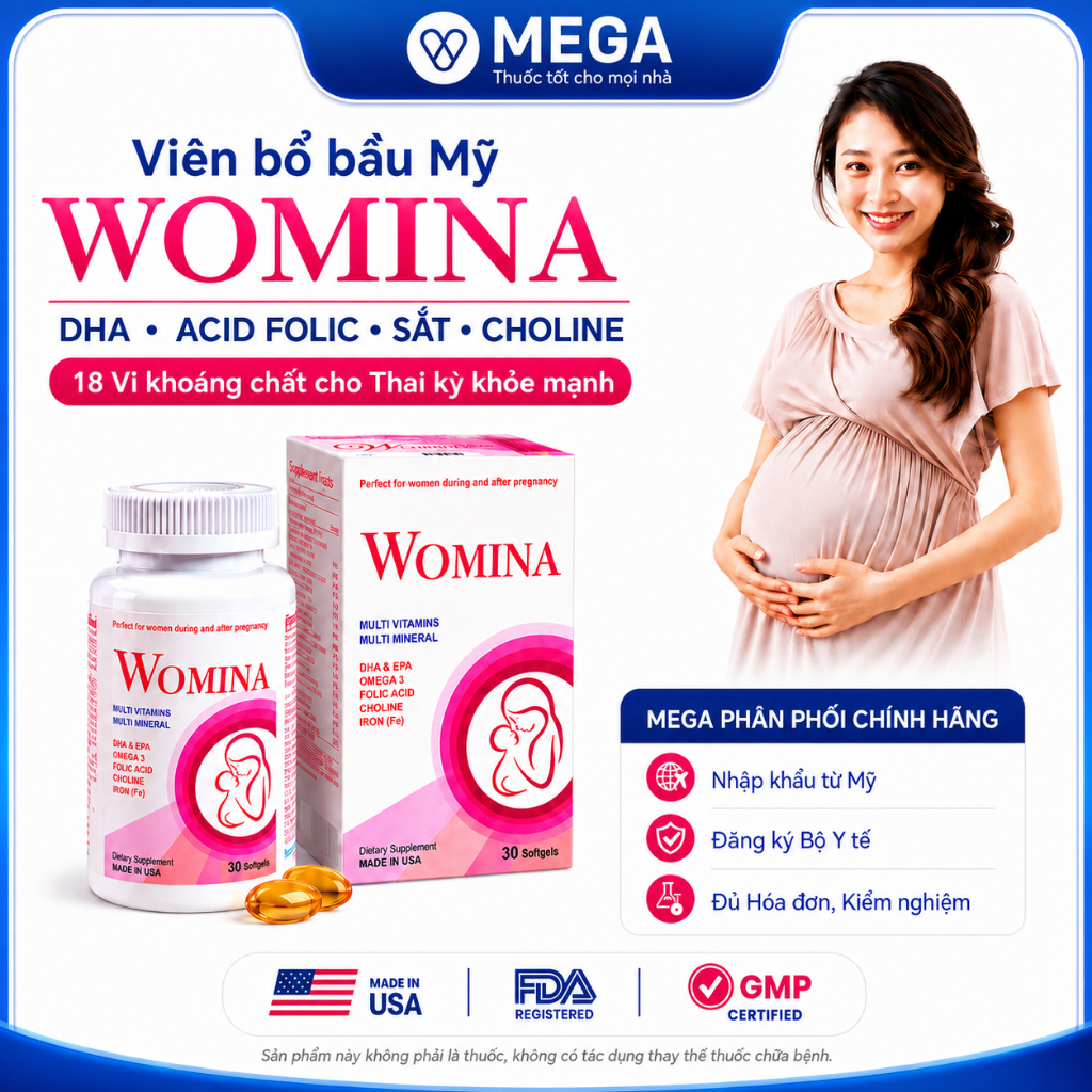 Viên bổ bầu Mỹ WOMINA: Bổ sung 18 Vitamin, Khoáng chất thiết yếu cho thai kỳ khỏe mạnh, Hộp 30 viên