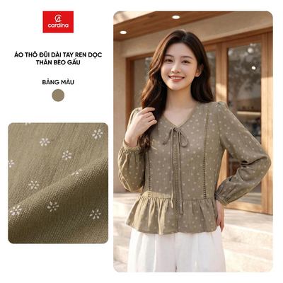 Áo kiểu nữ CARDINA chất liệu thô đũi dài tay ren dọc thân bèo gấu 6AKD06