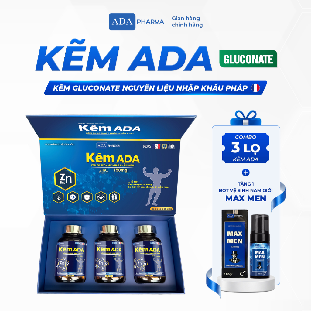 Kẽm ADA 150mg Kẽm Gluconate Nguyên Liệu Nhập Pháp. - Hỗ trợ tăng cường sức khỏe, đề kháng + Quà tặng
