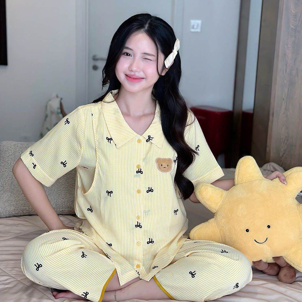 EVERMOM l Đồ bộ bầu C5 DÀI KARO GẤU TEDDY mang cả bầu và sau sinh quần có chun điều chỉnh