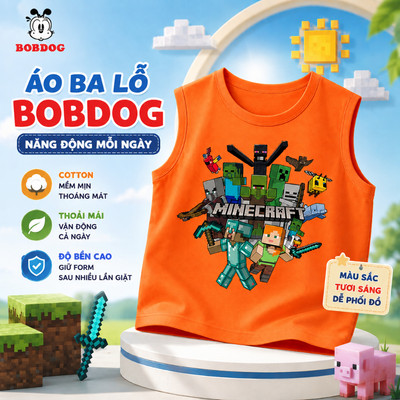 Áo ba lỗ cho bé trai BOBDOG, áo sát nách chất liệu cotton mềm mịn thoáng mát in hình Minecraft cho bé.