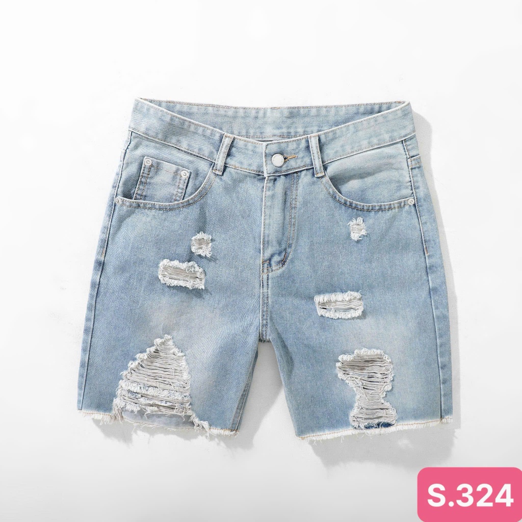 Quần short đùi jean nam xanh nhạt rách tua chất bò cao cấp co dãn 4 chiều đẹp form skinny HAVADO M6