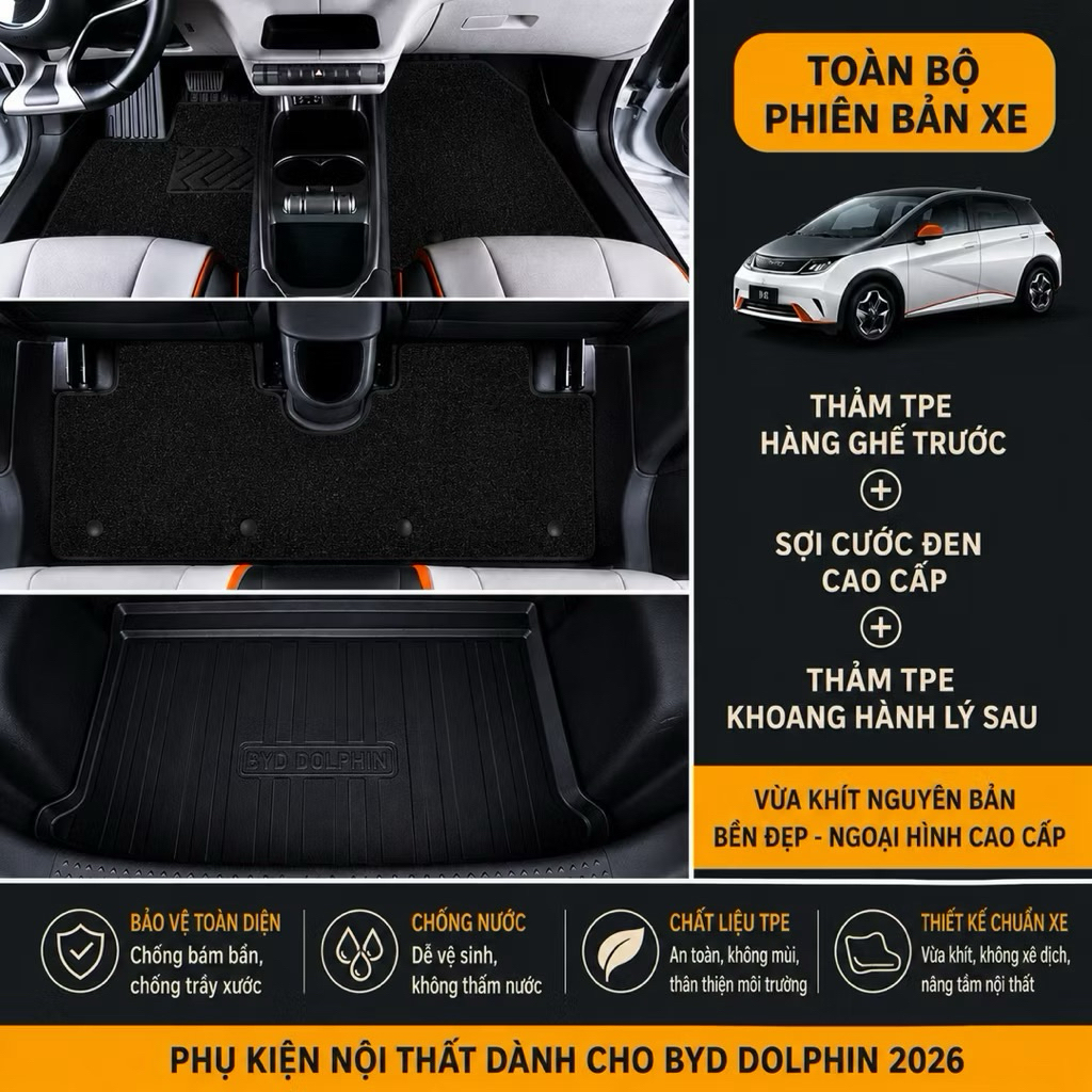 [BYD DOLPHIN 2026] Thảm lót sàn BYD Dolphin 2026 TPE 2 lớp 5D tràn viền bậc cửa