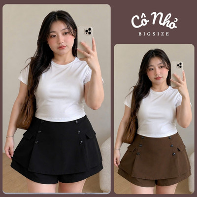 Quần Giả Váy Bigsize Nữ Lưng Thun Dáng Váy Ngắn Mini Phối Nút Hai Bên Vải Tuyết Chéo Mềm Mát GVN