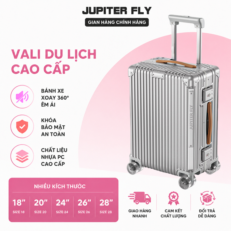 vali size 24 khung nhôm vali kéo đựng laptop khóa TSA bánh xe Hinomoto