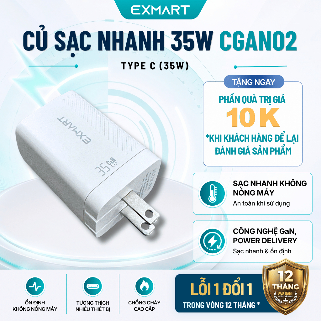Củ Sạc Nhanh 35W Exmart CGAN02 - Bảo Hành 12 tháng - Sạc Nhanh, Dùng cho Iphone, Androi - Chân Dẹt