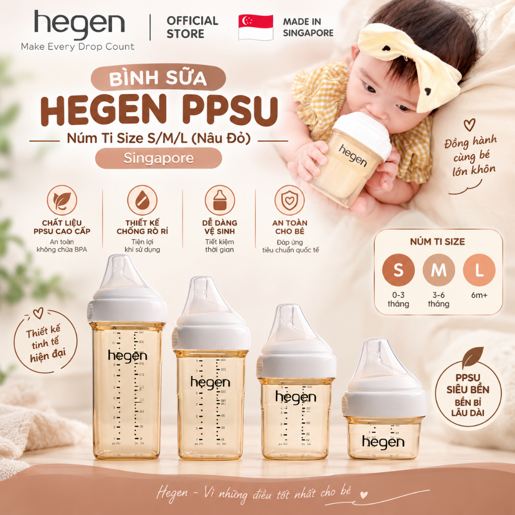Bình Sữa Hegen PPSU Singapore | Núm Ti Size S M L Cho Bé | Bình Sữa Hegen Chính Hãng