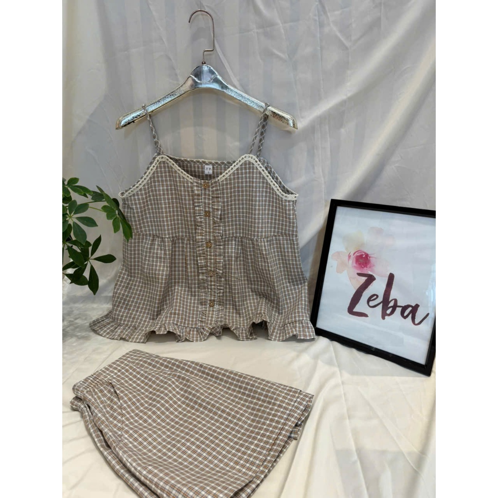 Set đồ nữ ZEBA bộ mặc nhà kẻ Hàn 2 dây M3382
