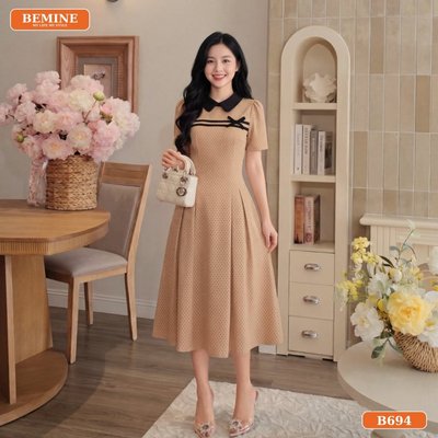 Đầm thiết kế BEMINE cổ sen viền nơ  dáng chữ A phù hợp đi làm-B694