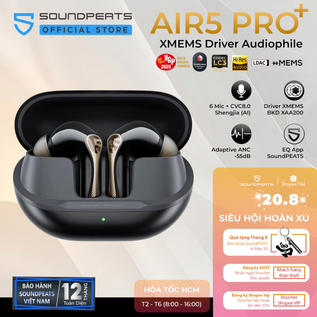 Tai nghe True Wireless SoundPEATS Air5 Pro+ Adaptive ANC 55dB | Loa Kép xMEMS | Bộ Đôi Hires LDAC APTX | Bluetooth 5.4