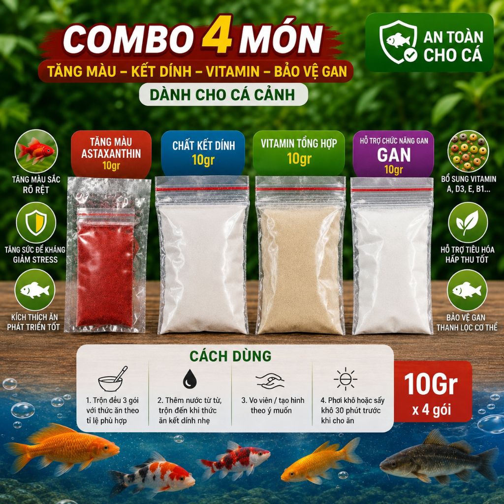 COMBO 4 GÓI 10G CHO CÁ CẢNH – ASTAXANTHIN 10% +KẾT DÍNH THỨC ĂN + VITAMIN TỔNG HỢP + HỖ TRỢ GAN