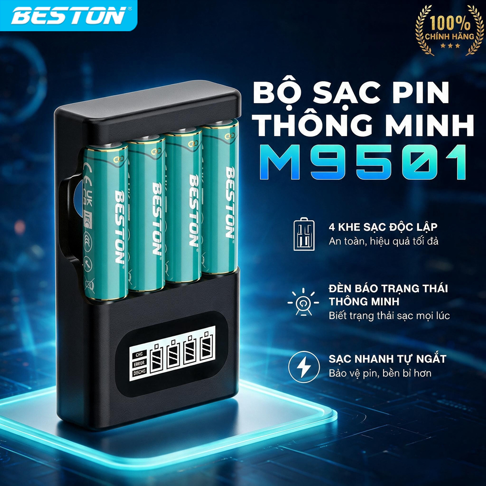 Bộ sạc pin Beston M9501 sạc cho cả pin AA và AAA pin 1.2V và 1.5V, cổng sạc…