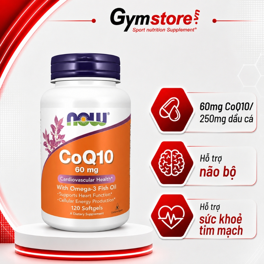 Viên uống NOW CoQ10 60 mg with Omega 3 Fish Oil, hỗ trợ sức khỏe tim mạch - Gymstore