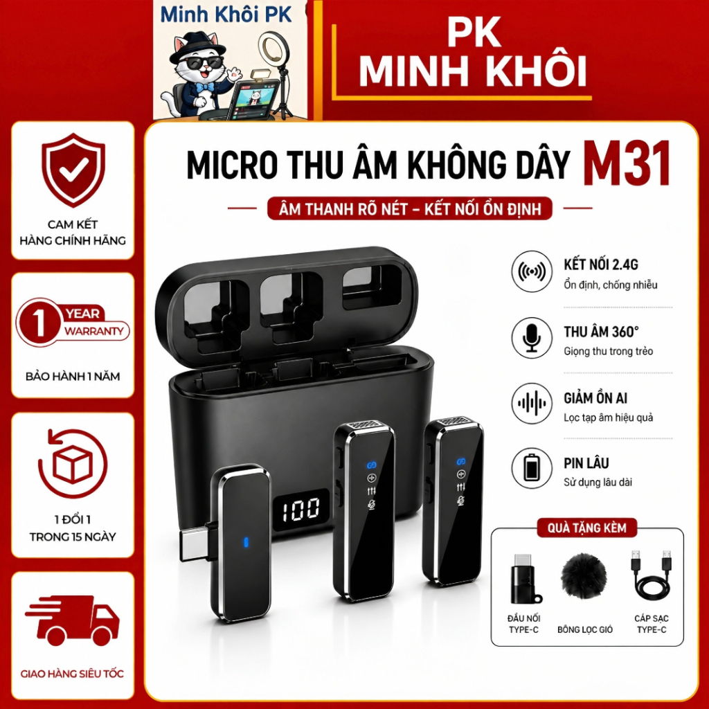 Mic Thu Âm Không Dây Cài Áo Cho Điện Thoại M31 - Bản 2 Mic, Bật/Tắt Lọc Ồn Dùng Cho Quay Video