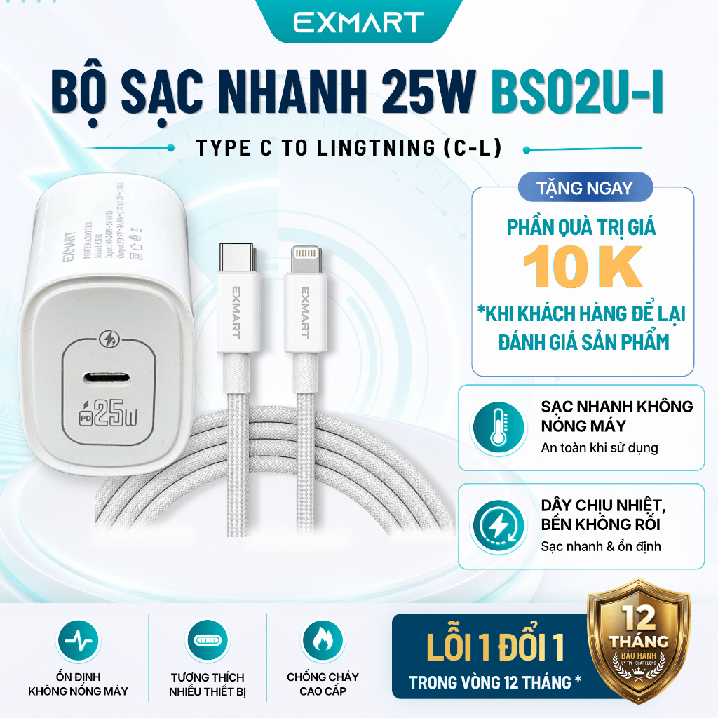 Bộ Sạc Nhanh EXMART 25W BS02U-I - Bảo Hành 12 Tháng - Chân Sạc Lightning cho Iphone, Chống Rối