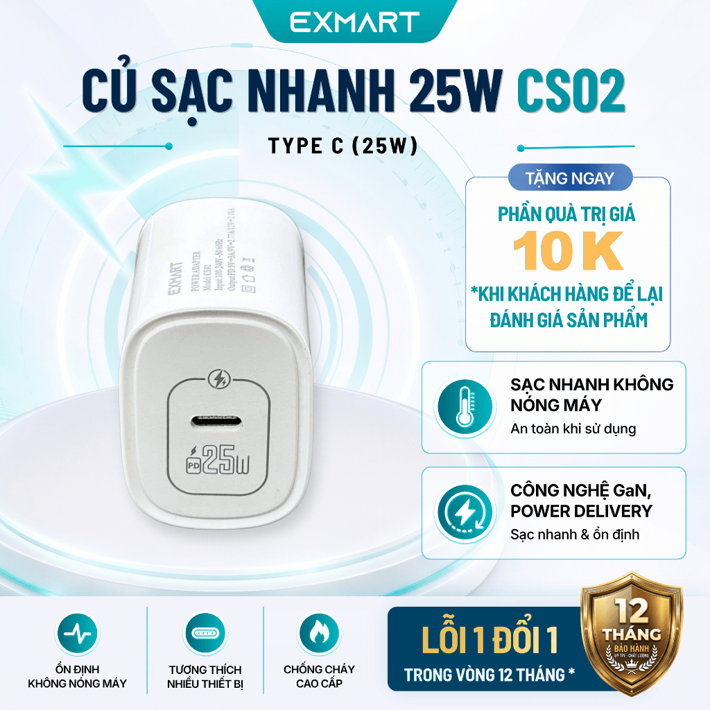 (CHÂN DẸT) Củ Sạc Nhanh 25W Exmart CS02 - Bảo Hành 12 tháng - Sạc Nhanh, Dùng cho Iphone, Androi