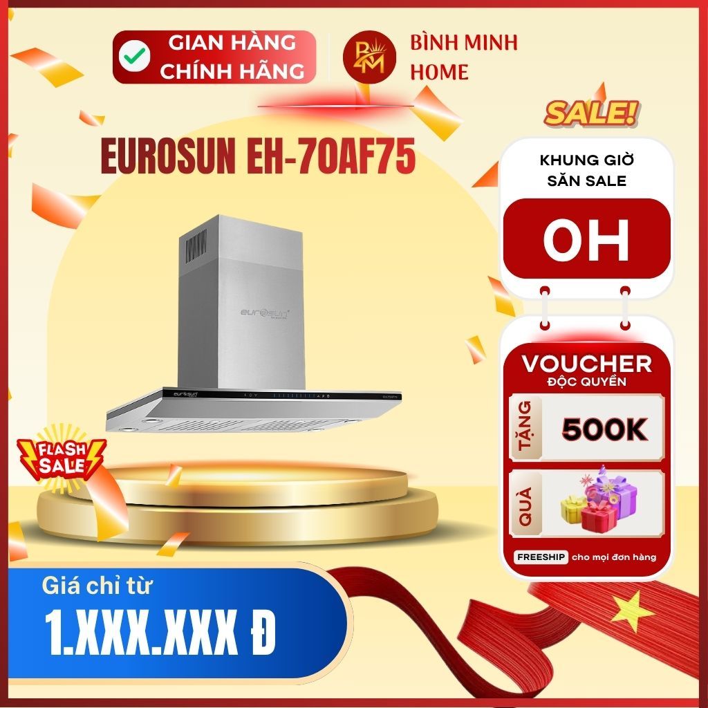 Máy hút mùi Eurosun EH-70AF75. Máy hút mùi gắn tường chữ T 70cm, Inverter BLDC, cảm ứng 10 tốc độ