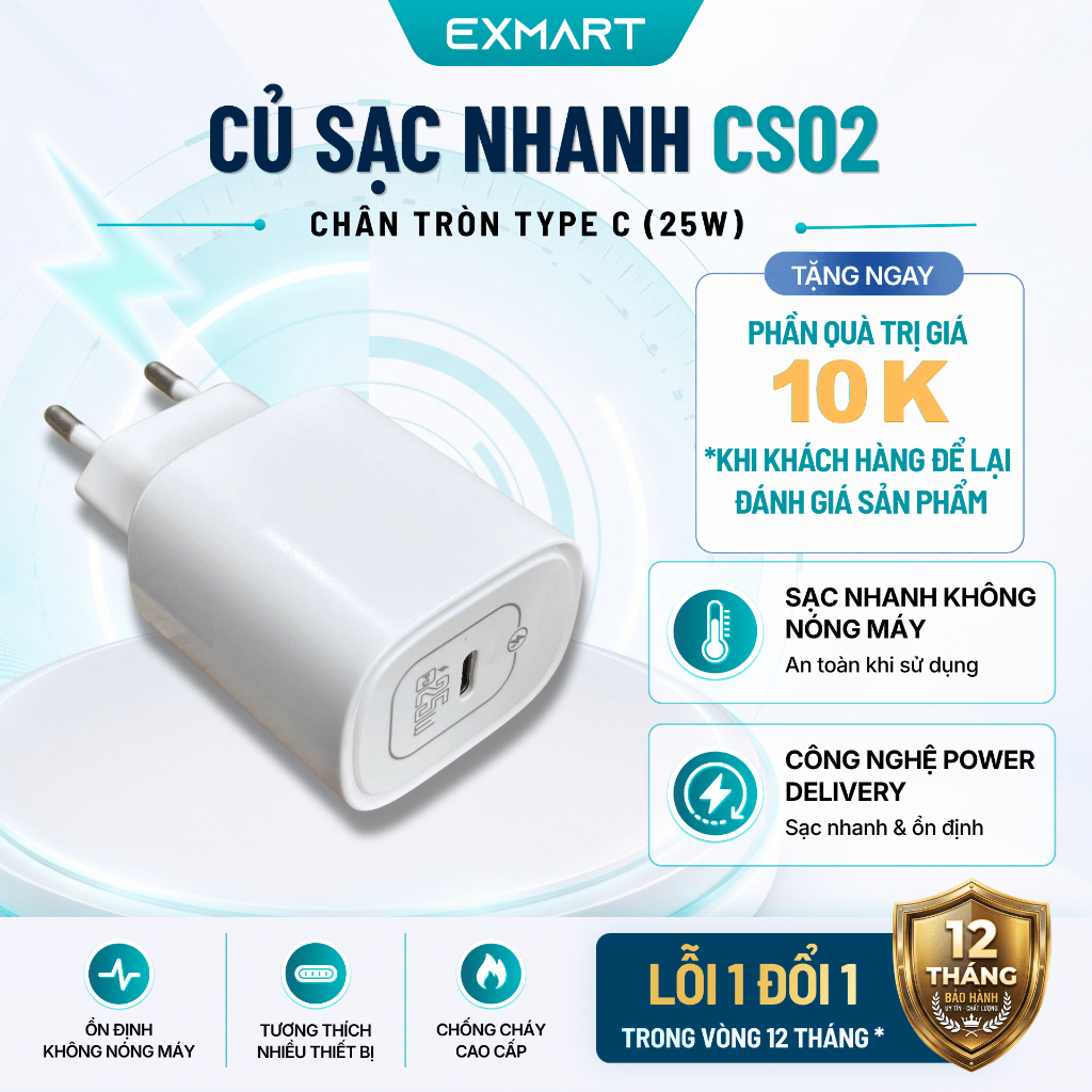 (CHÂN TRÒN) Củ Sạc Nhanh EXMART 25W CS02 - Bảo Hành 12 tháng - Sạc Nhanh, Dùng cho Iphone, Androi