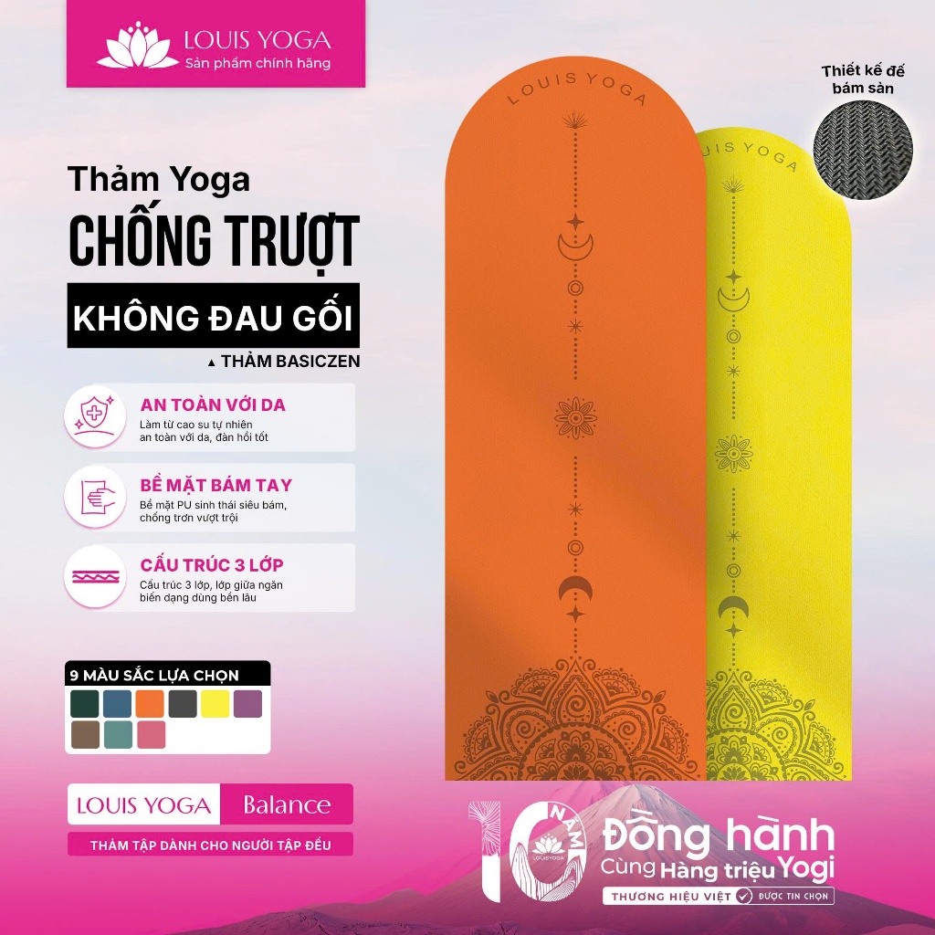 Thảm Yoga định tuyến chống trượt Louis Yoga - BASIC ZEN - thảm tập Yoga tại nhà 5mm êm ái, bám sàn -