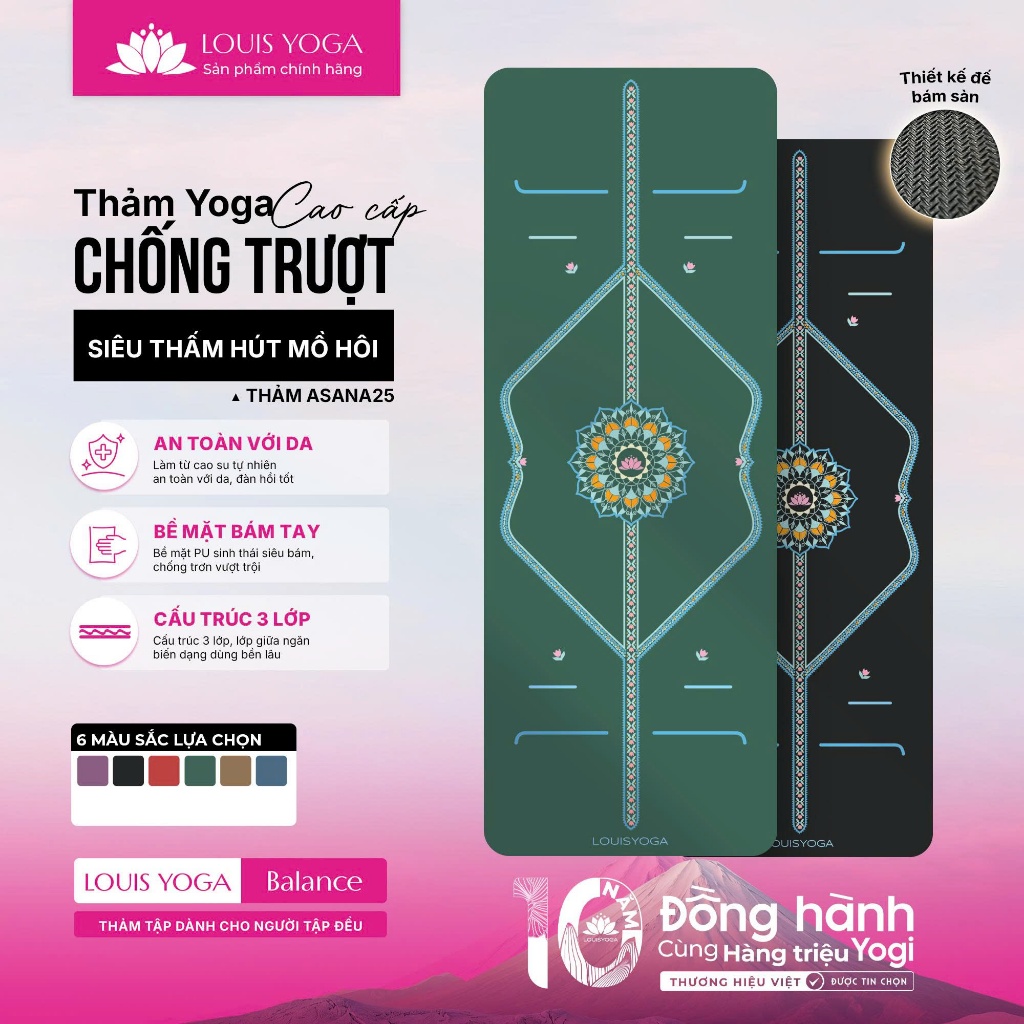 Thảm tập Yoga tại nhà Louis Yoga - ASANA 25 - thảm Yoga định tuyến chống trượt cao cấp, bám sàn - bá
