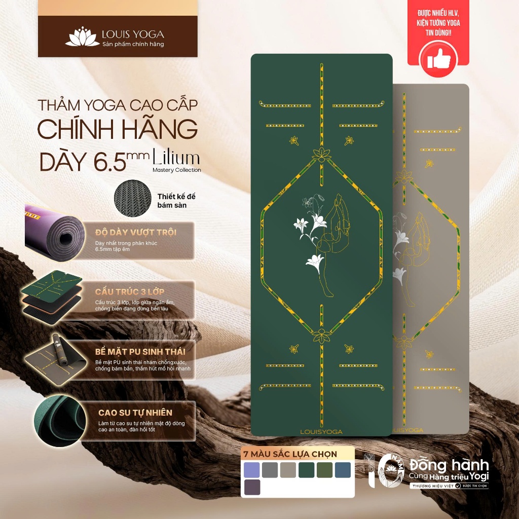 Thảm Yoga định tuyến chống trượt cao cấp Louis Yoga - LILIUM- độ dày 6.5mm vượt trội, PU sinh thái t