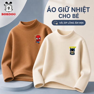 Áo giữ nhiệt cho bé trai BOBDOG chất liệu zip lông co giãn tốt in hình người nhện batman cute cho bé