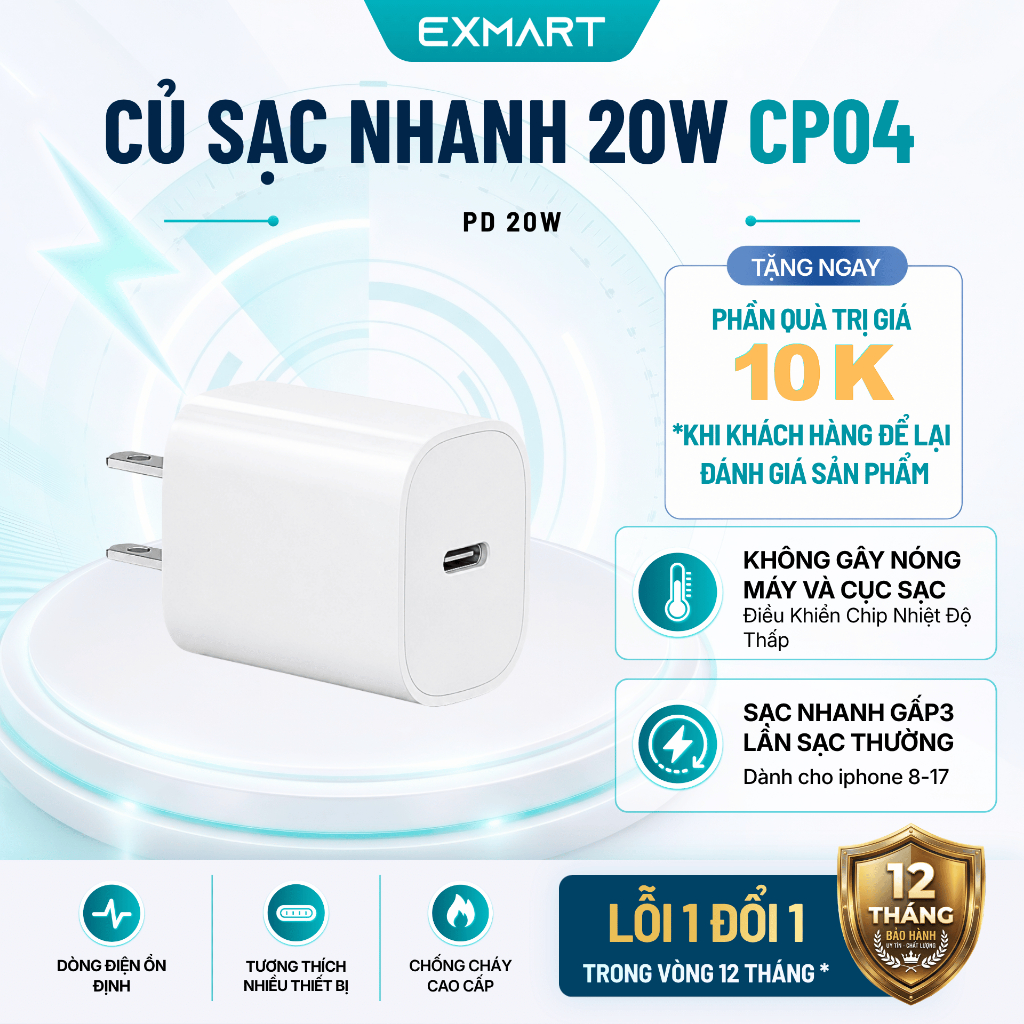 Củ sạc nhanh 20W Exmart CP04 - Bảo hành 12 tháng - Không Nóng Máy, Ổn Định, Dùng cho Iphone, Androi