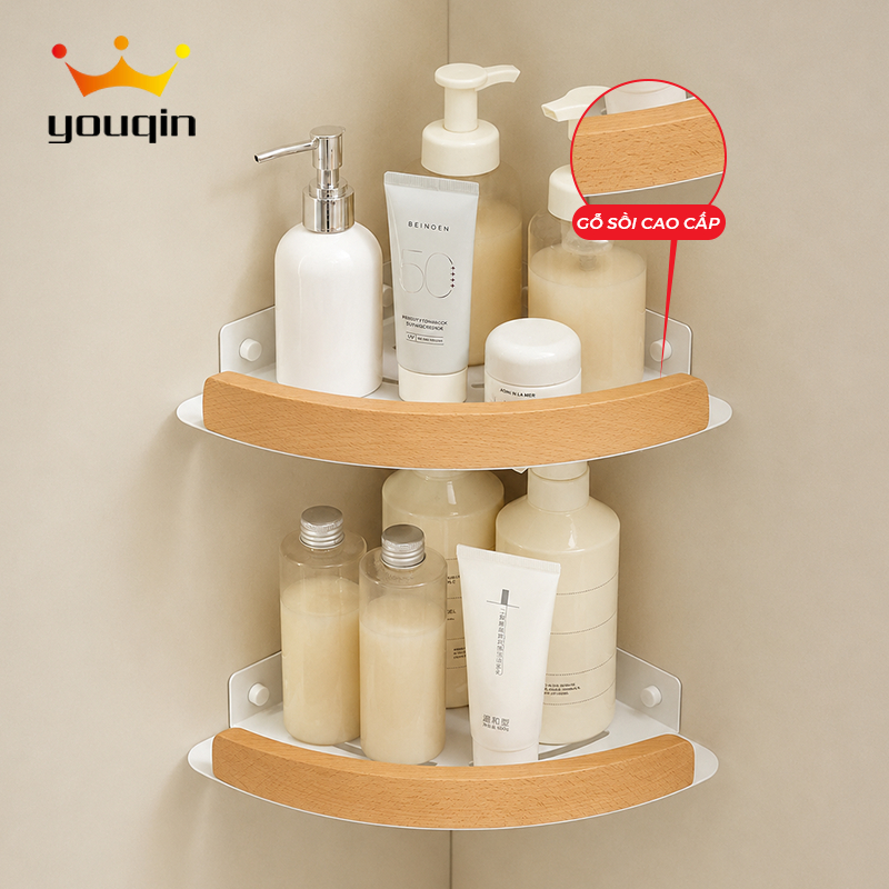Kệ góc tường để đồ phòng tắm YOUQIN chất liệu gỗ sồi và gỗ óc chó, lắp đặt dán hoặc khoan tường.