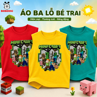 Áo ba lỗ cho bé trai BOBDOG, áo thun chất liệu cotton co giãn thoáng mát in hình Minecraf cho bé