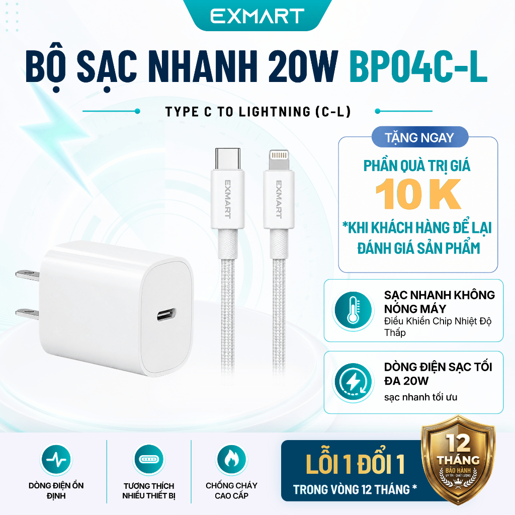 Bộ sạc Nhanh  20W EXMART BP04C-L Type C Sang Lightning - Bảo Hành 12 Tháng - Sạc Đầy Điện Thoại 60P
