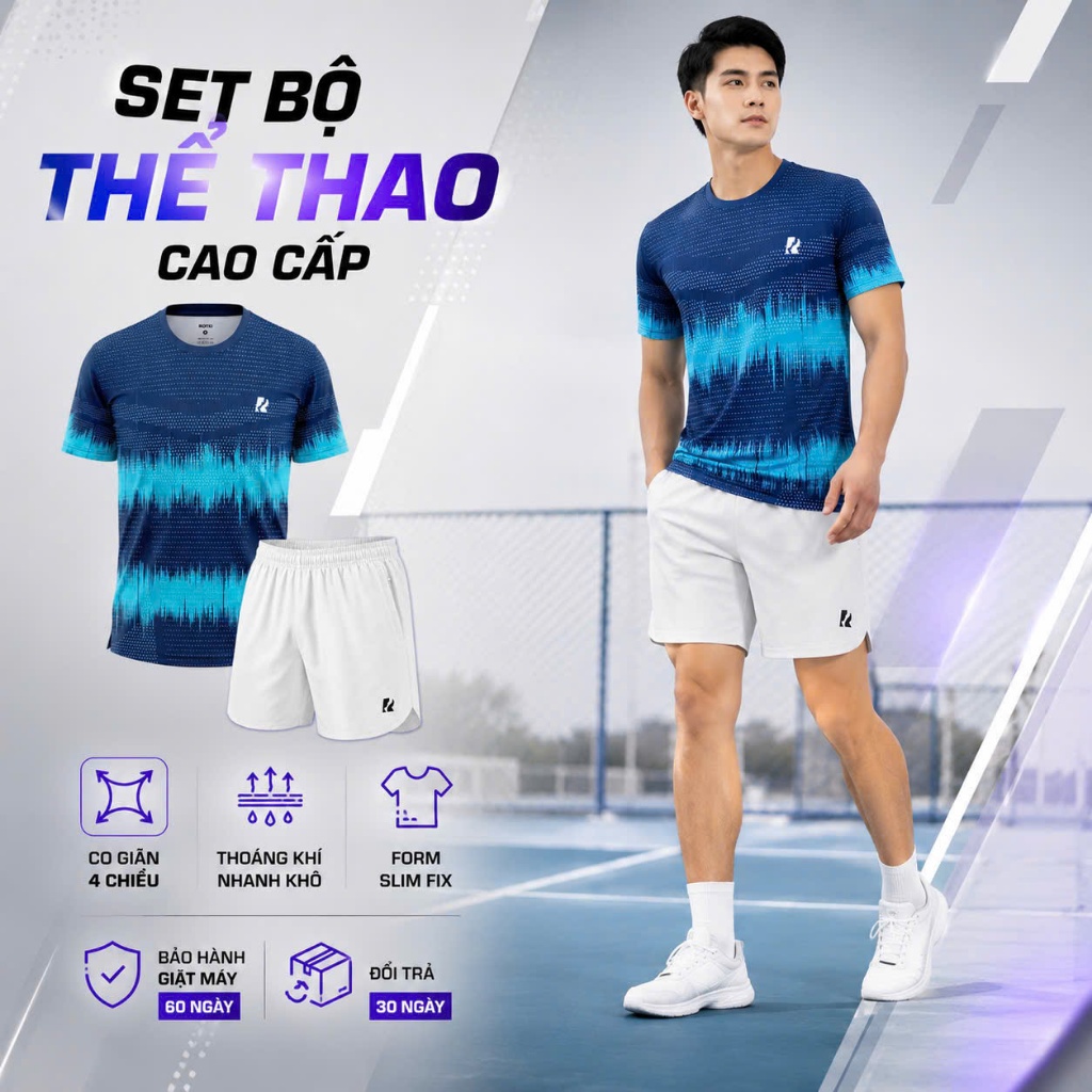 Set đồ thể thao nam Royki Sport họa tiết năng lượng, áo mát lạnh co giãn 4 chiều, quần short elastic