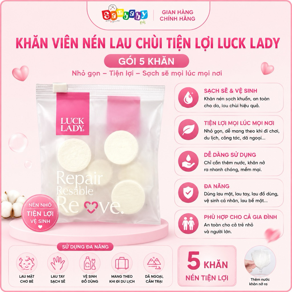 Gói 5 Khăn viên nén lau chùi tiện lợi Luck Lady
