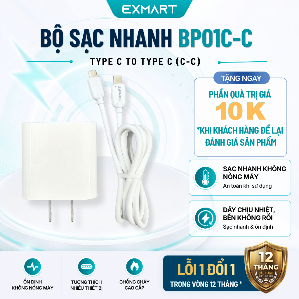 Bộ sạc Nhanh EXMART 20W BP01C-C TYPE C sang TYPE C cho Android, Từ Iphone 15 - Bảo Hành 12 Tháng
