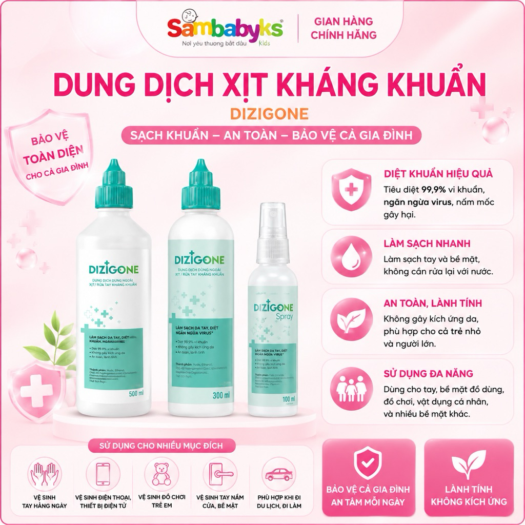 Dung dịch xịt Kháng khuẩn Dizigone, lành vết thương, tái tạo da, ngăn ngừa sẹo cho bé dung tích 100m