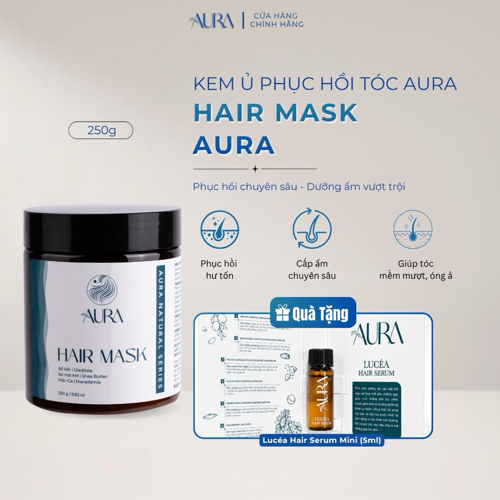 Kem Ủ Phục Hồi Thân và Đuôi Tóc Aura 250g, giúp tóc suôn mượt, bồng bềnh tự nhiên