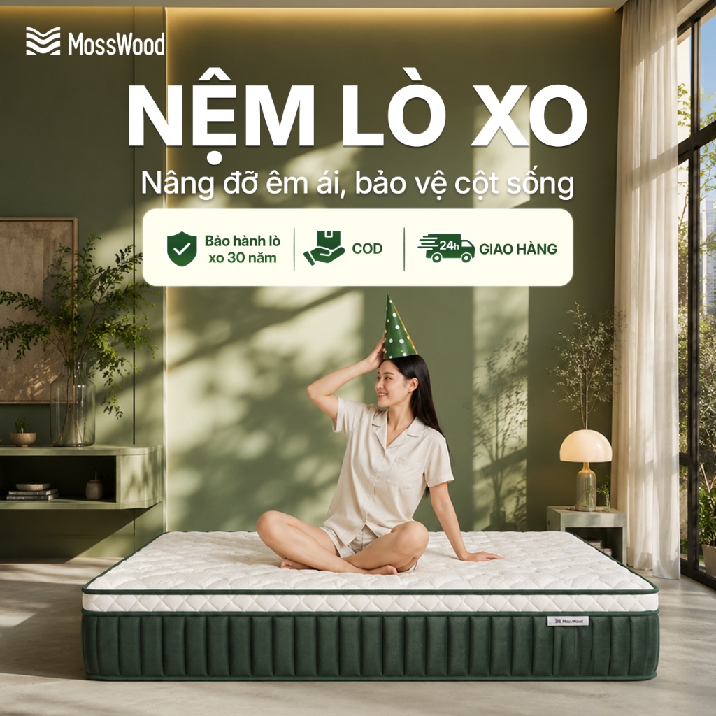 Nệm lò xo cao cấp MOSSWOOD 25cm mềm mại thoải mái, chống rung lắc và không gây tiếng động, hỗ trợ nhận hàng thanh toán