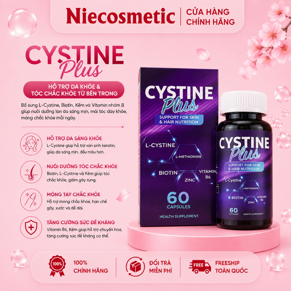 [CHÍNH HÃNG] VIÊN UỐNG CYSTINE PLUS GIẢM MỤN, NGĂN RỤNG TÓC, GIẢM SẮC TỐ DA HỘP 60 VIÊN