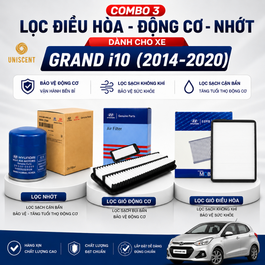 (i10/ Grand i10 2014-2020) Combo 3 Lọc Gió Điều Hòa- Lọc Gió Động Cơ- Lọc Nhớt i10-Grand i10 (14-20)