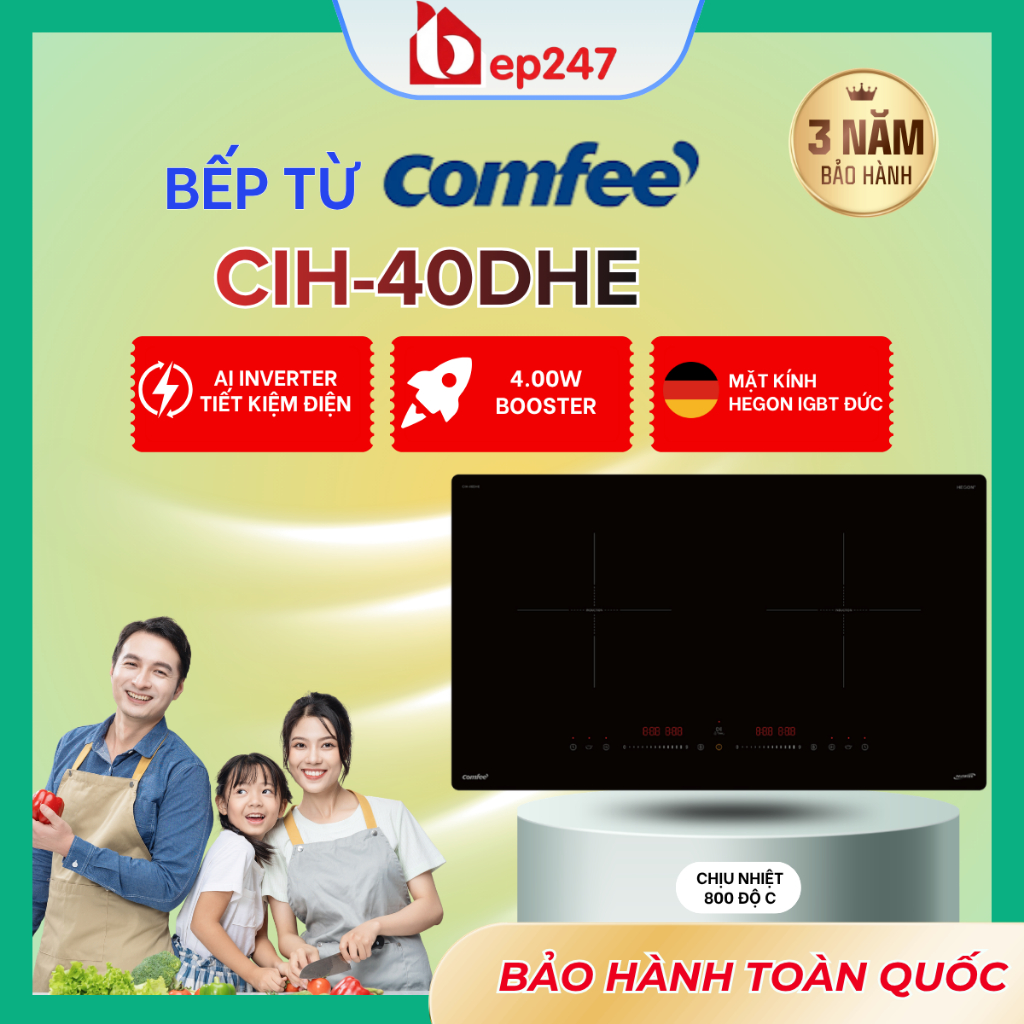 Bếp Từ Đôi Comfee CIH-40DHE 4200W AI Inverter Mặt Kính Hegon IGBT Đức Mâm Từ Lõi Kép 9 Mức Booster