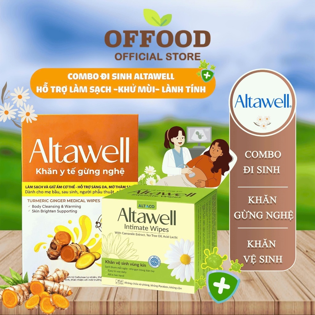 COMBO ĐI SINH ALTAWELL CHO MẸ BẦU (KHĂN GỪNG NGHỆ & KHĂN VỆ SINH VÙNG KÍN)