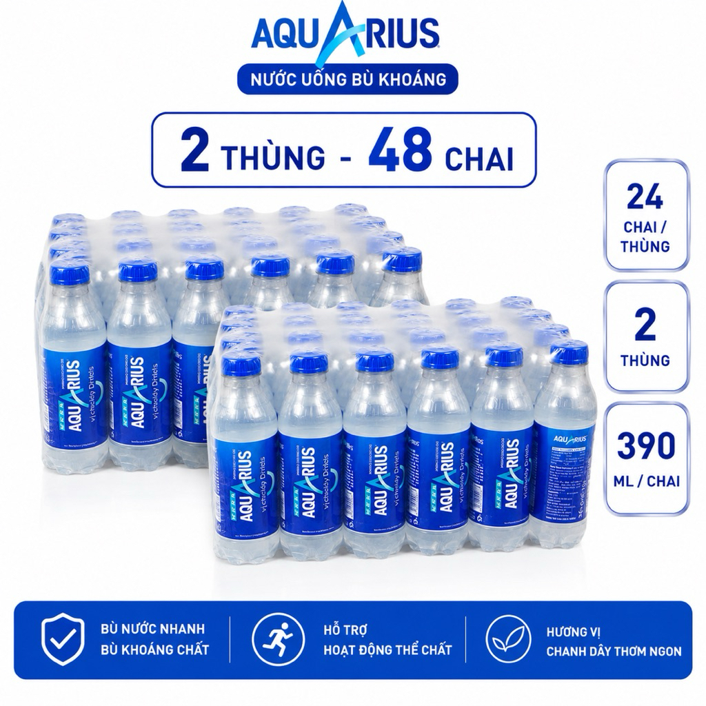 Nước Aquarius Vị Chanh Dây 390ml Thùng 24 Chai – Nước Uống Bù Khoáng, Combo 2 Thùng 48 Chai