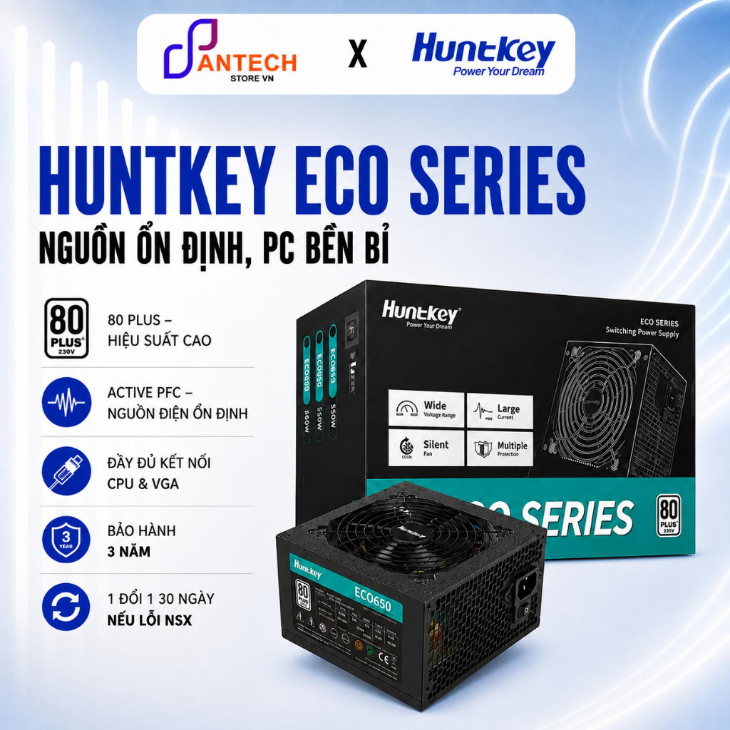 Nguồn Máy Tính Huntkey ECO500 ECO650 500W 650W 80 Plus Active PFC Quạt 120mm ATX PSU - BH 3 Năm