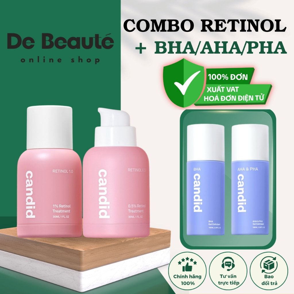 [CANDID MUA RETINOL TẶNG BHA/AHA/PHA] Combo Trẻ Hóa, Làm Sạch Và Mịn Da Candid Retinol 0.5/1.0 & Can