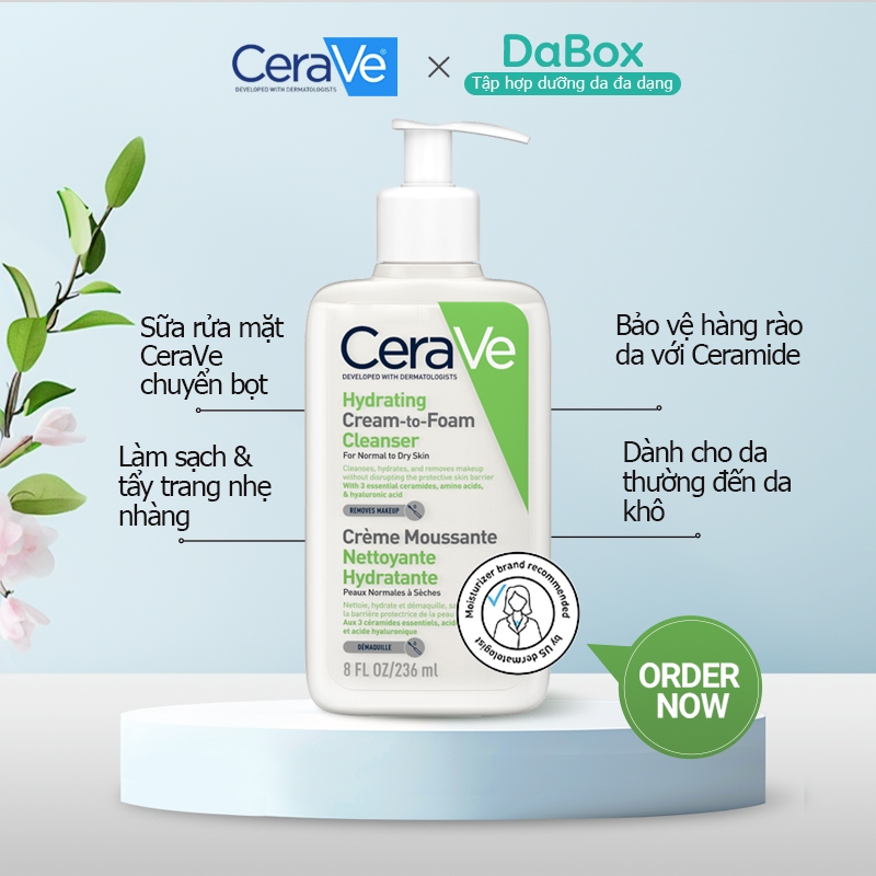 Sữa rửa mặt CeraVe Cream-to-Foam Cleanser tạo bọt cấp ẩm có thể tẩy trang dành cho da thường đến da 