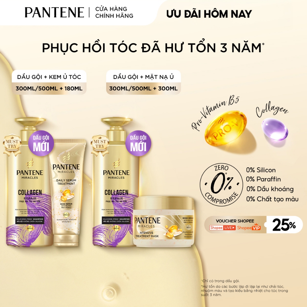 [MỚI] Combo 2 Dầu Gội 0% Silicon & Kem/ Mặt Nạ Ủ Tóc Serum PANTENE MIRACLES Bổ Sung Dưỡng Chất Cho T